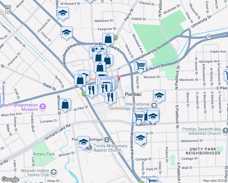 map of restaurants, bars, coffee shops, grocery stores, and more near in Pontiac