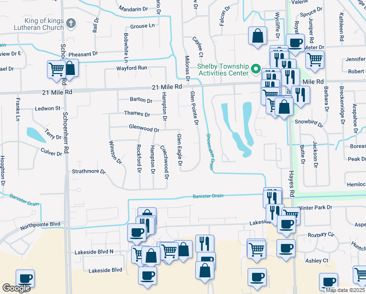 map of restaurants, bars, coffee shops, grocery stores, and more near 46442 Glen Eagle Drive in Macomb County