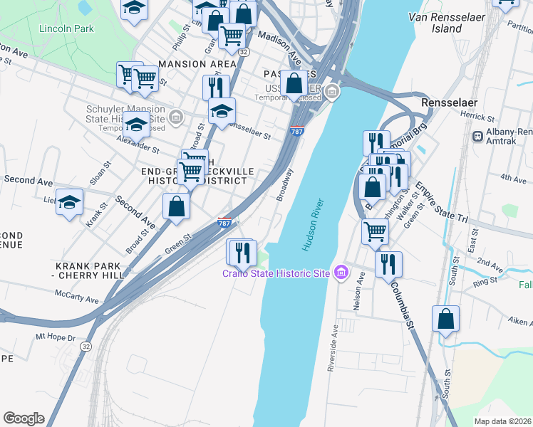 map of restaurants, bars, coffee shops, grocery stores, and more near 40 Broadway in Albany