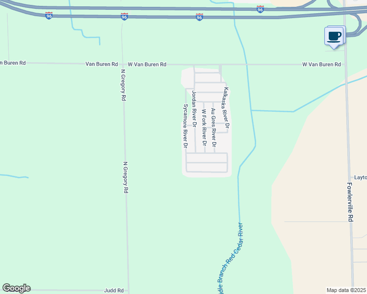 map of restaurants, bars, coffee shops, grocery stores, and more near 2749 Sycamore River Drive in Fowlerville