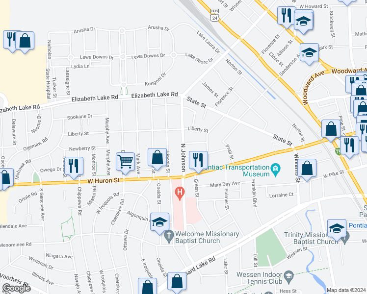 map of restaurants, bars, coffee shops, grocery stores, and more near 62 North Johnson Avenue in Pontiac
