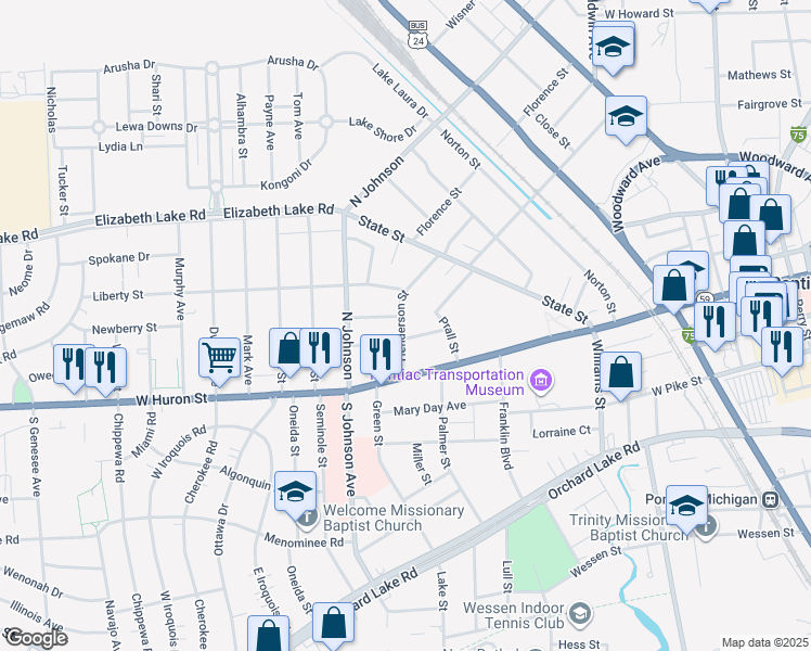 map of restaurants, bars, coffee shops, grocery stores, and more near 50 Henderson Street in Pontiac