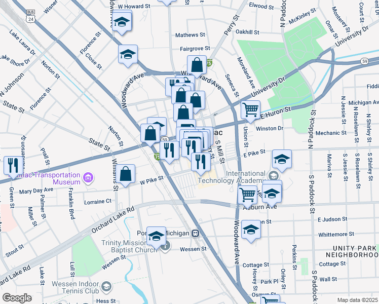 map of restaurants, bars, coffee shops, grocery stores, and more near 28 North Saginaw Street in Pontiac