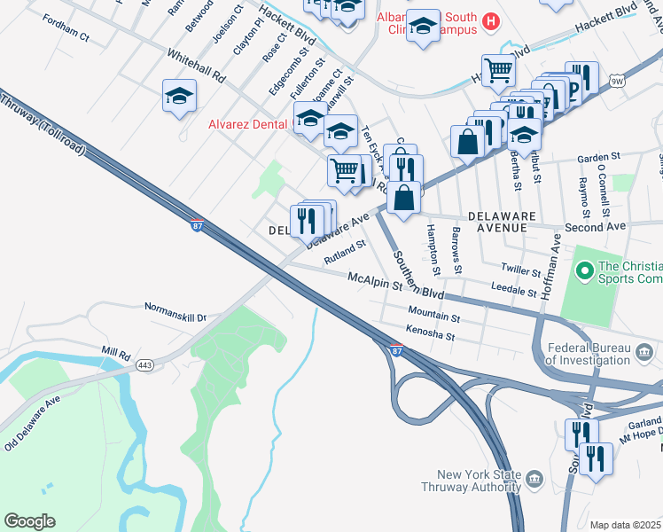 map of restaurants, bars, coffee shops, grocery stores, and more near 37 McAlpin Street in Albany