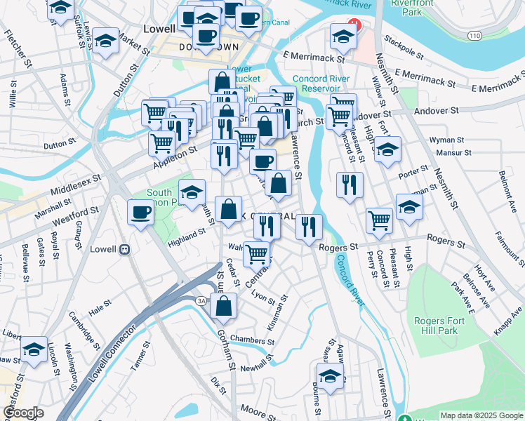 map of restaurants, bars, coffee shops, grocery stores, and more near 57 Elm Street in Lowell