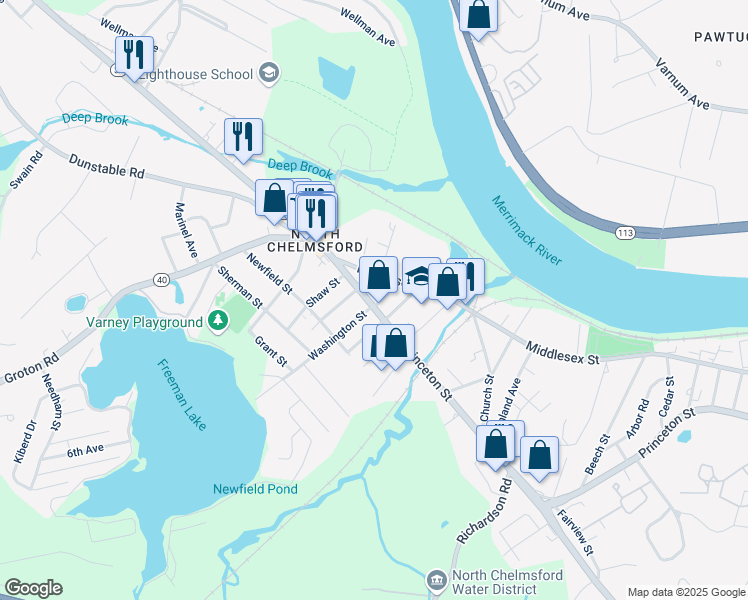 map of restaurants, bars, coffee shops, grocery stores, and more near 14 Cottage Row in Chelmsford