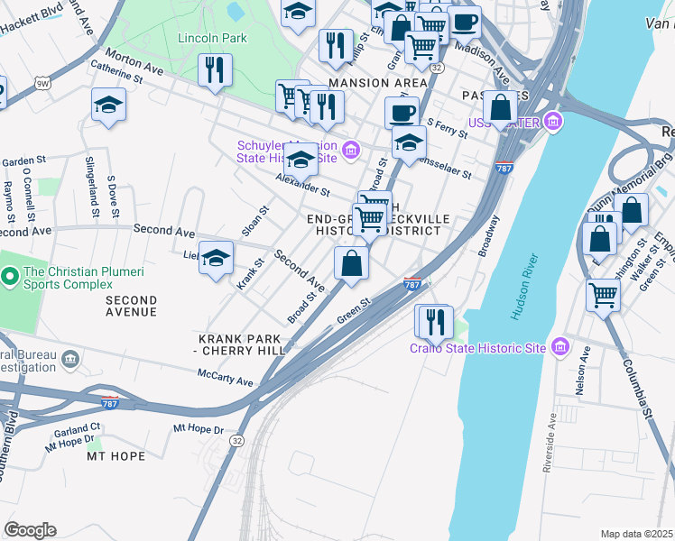 map of restaurants, bars, coffee shops, grocery stores, and more near 439 1/2 South Pearl Street in Albany