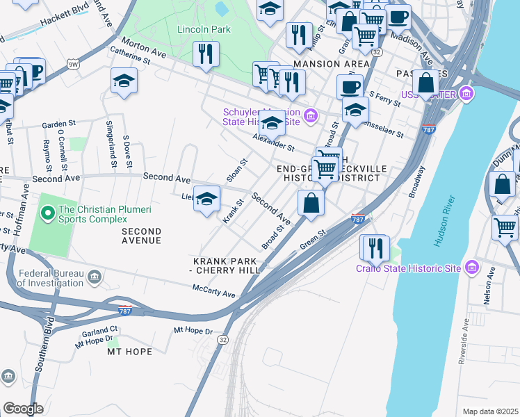 map of restaurants, bars, coffee shops, grocery stores, and more near 13 Benjamin Street in Albany