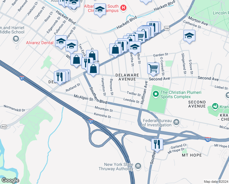 map of restaurants, bars, coffee shops, grocery stores, and more near 41 Barrows Street in Albany