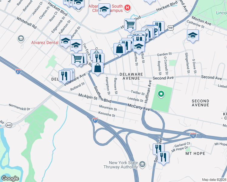 map of restaurants, bars, coffee shops, grocery stores, and more near 41 Barrows Street in Albany