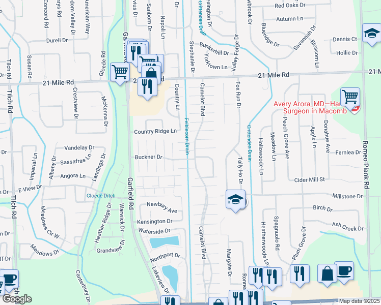 map of restaurants, bars, coffee shops, grocery stores, and more near 17007 Buckner Drive in Macomb