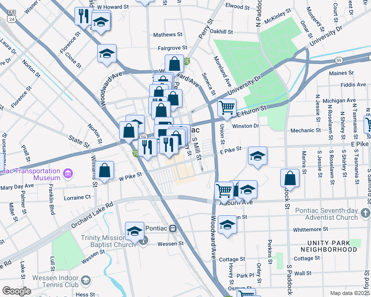 map of restaurants, bars, coffee shops, grocery stores, and more near in Pontiac