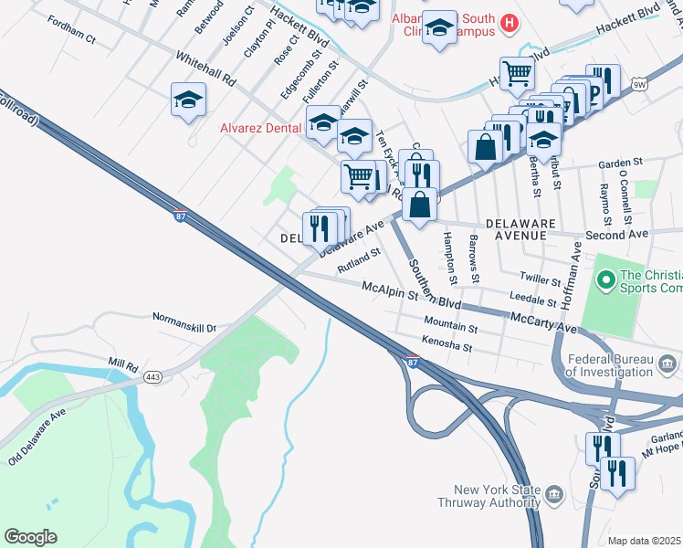 map of restaurants, bars, coffee shops, grocery stores, and more near 37 McAlpin Street in Albany