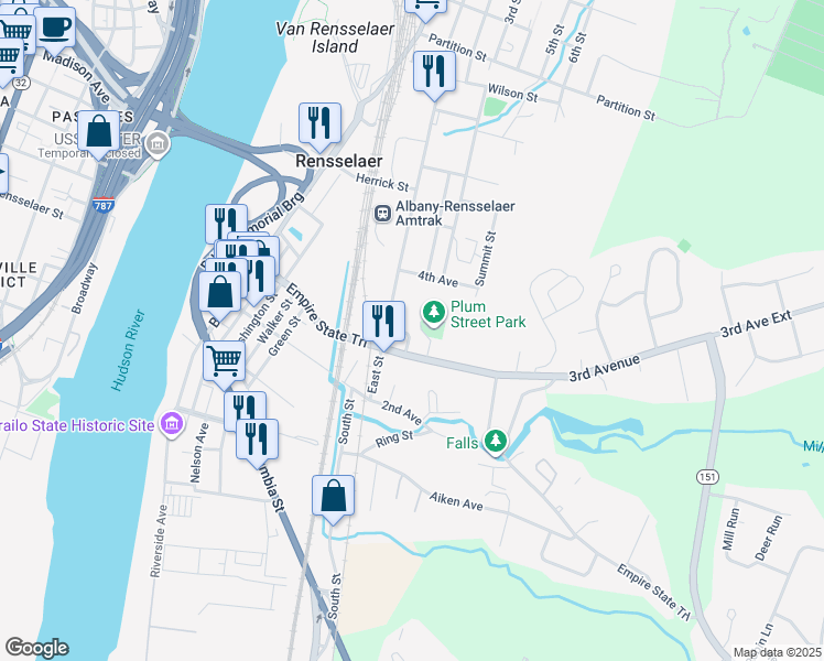 map of restaurants, bars, coffee shops, grocery stores, and more near 21 Plum Street in Rensselaer