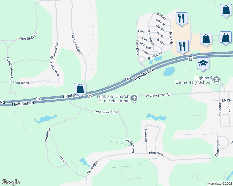 map of restaurants, bars, coffee shops, grocery stores, and more near 1403 Highland Road in Highland Charter Township