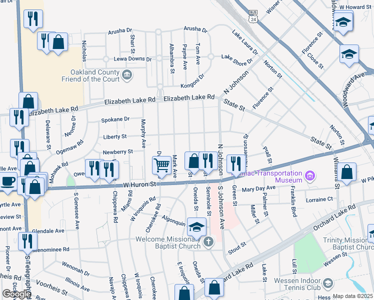 map of restaurants, bars, coffee shops, grocery stores, and more near 71 Thorpe Street in Pontiac