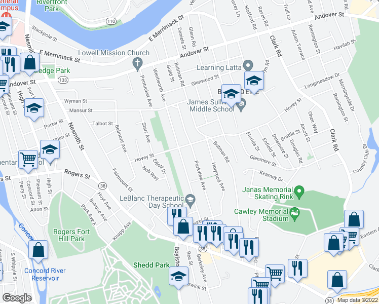 map of restaurants, bars, coffee shops, grocery stores, and more near 111 Parkview Avenue in Lowell