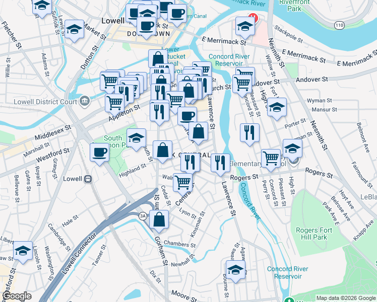 map of restaurants, bars, coffee shops, grocery stores, and more near 57 Elm Street in Lowell