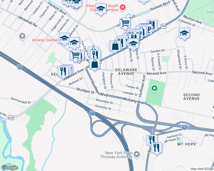 map of restaurants, bars, coffee shops, grocery stores, and more near 41 Barrows Street in Albany