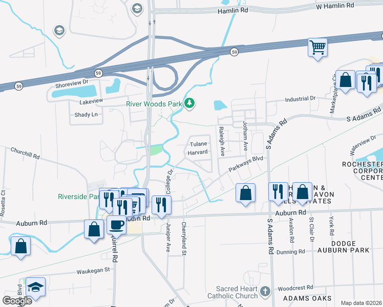 map of restaurants, bars, coffee shops, grocery stores, and more near 70 College Drive in Auburn Hills