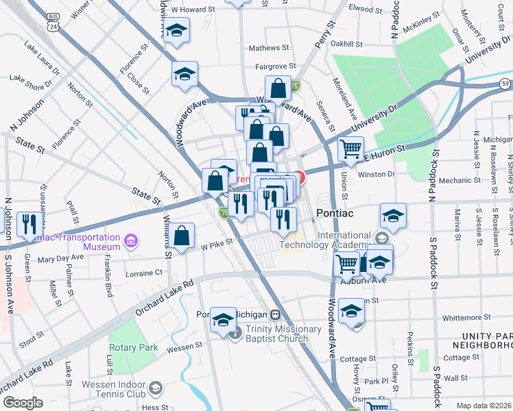 map of restaurants, bars, coffee shops, grocery stores, and more near 26 Wayne Street in Pontiac