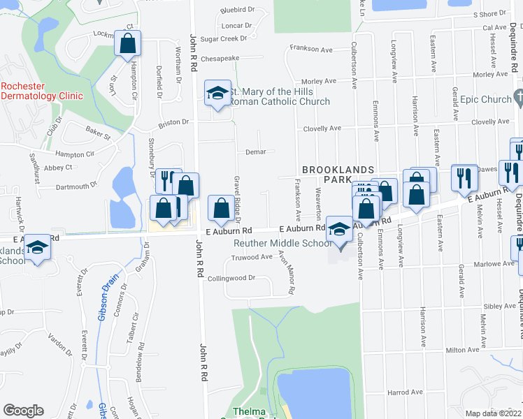 map of restaurants, bars, coffee shops, grocery stores, and more near 2988 Andlaur Drive in Rochester Hills
