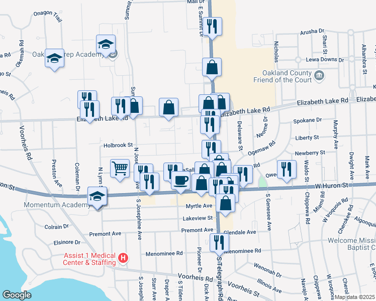 map of restaurants, bars, coffee shops, grocery stores, and more near 966 Boston Avenue in Waterford Township