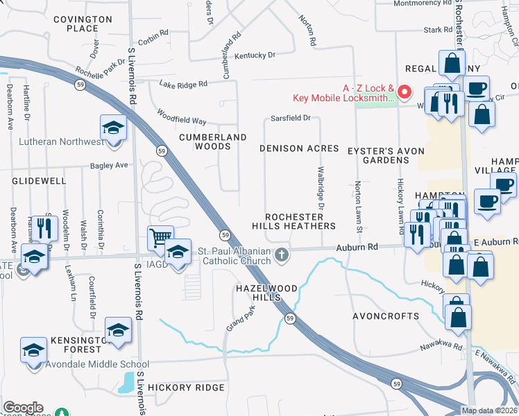 map of restaurants, bars, coffee shops, grocery stores, and more near 2870 Harrington Road in Rochester Hills