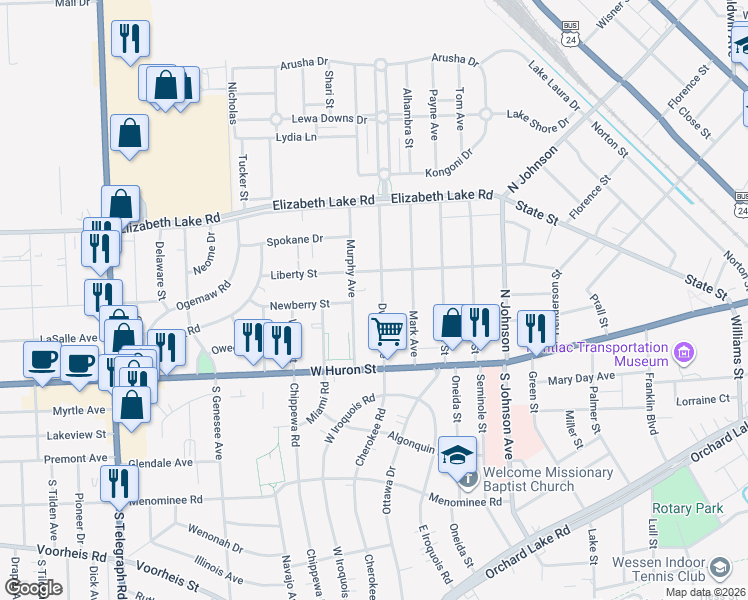 map of restaurants, bars, coffee shops, grocery stores, and more near 69 Dwight Avenue in Pontiac