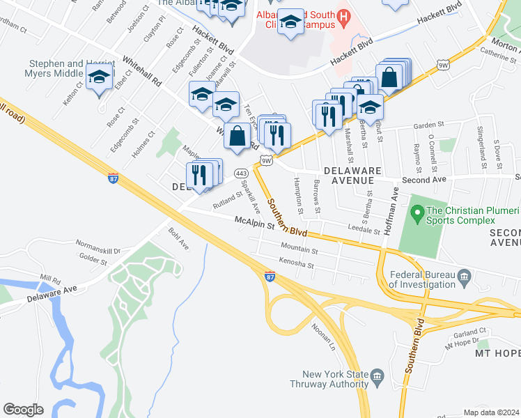 map of restaurants, bars, coffee shops, grocery stores, and more near 31 Sparkill Avenue in Albany