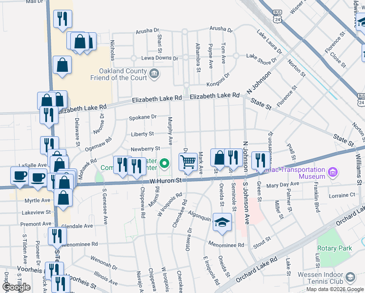 map of restaurants, bars, coffee shops, grocery stores, and more near 69 Dwight Avenue in Pontiac