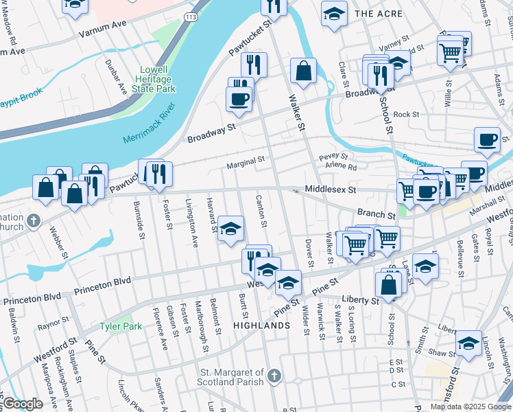 map of restaurants, bars, coffee shops, grocery stores, and more near 35 South Canton Street in Lowell