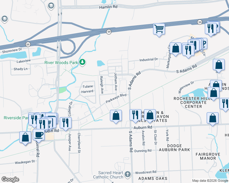 map of restaurants, bars, coffee shops, grocery stores, and more near 164 Amys Walk in Auburn Hills