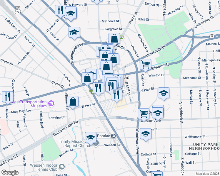 map of restaurants, bars, coffee shops, grocery stores, and more near 35 North Saginaw Street in Pontiac