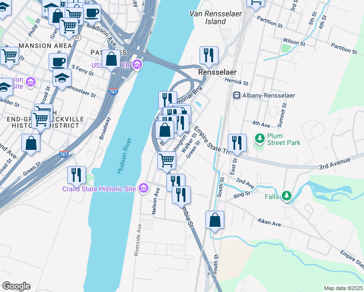 map of restaurants, bars, coffee shops, grocery stores, and more near 34 Washington Street in Rensselaer