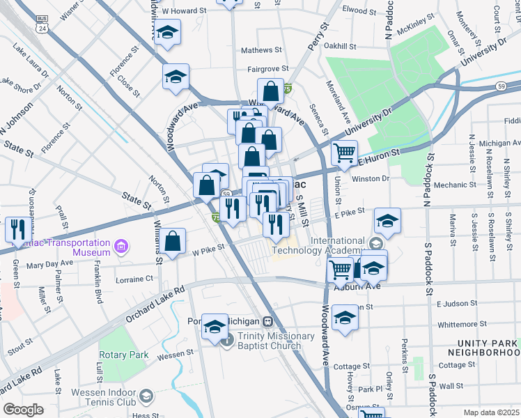 map of restaurants, bars, coffee shops, grocery stores, and more near 28 North Saginaw Street in Pontiac