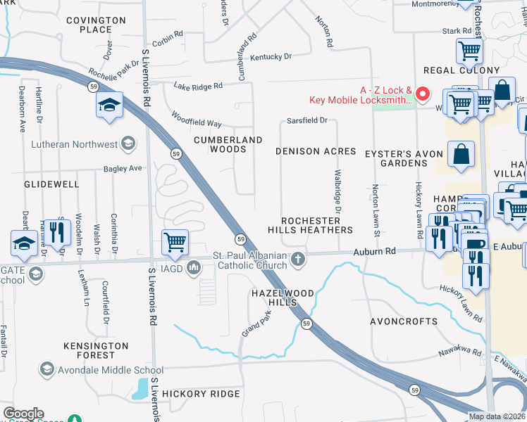 map of restaurants, bars, coffee shops, grocery stores, and more near 2870 Harrington Road in Rochester Hills
