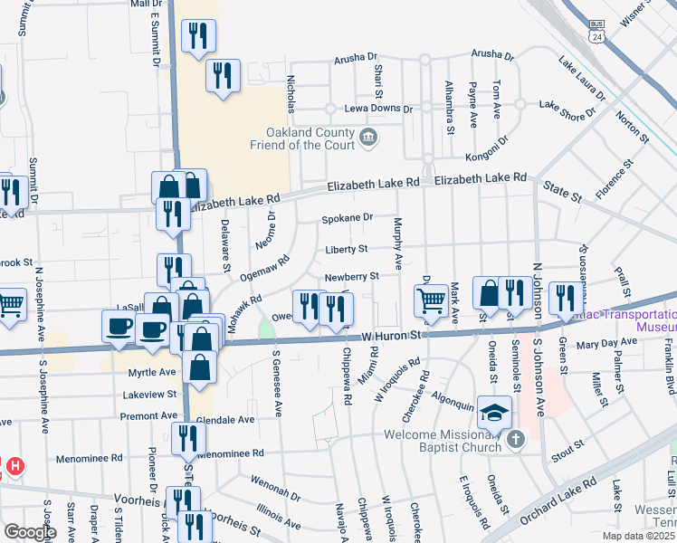 map of restaurants, bars, coffee shops, grocery stores, and more near 66 Dakota Street in Pontiac