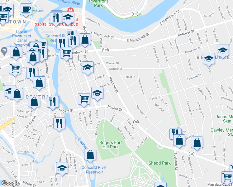 map of restaurants, bars, coffee shops, grocery stores, and more near 263 Nesmith Street in Lowell