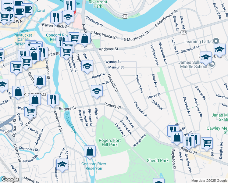 map of restaurants, bars, coffee shops, grocery stores, and more near 263 Nesmith Street in Lowell