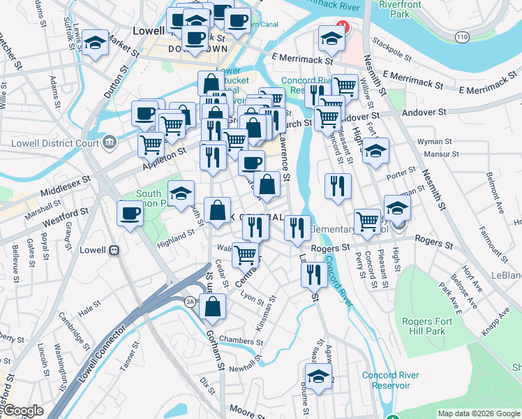 map of restaurants, bars, coffee shops, grocery stores, and more near 627 Central Street in Lowell