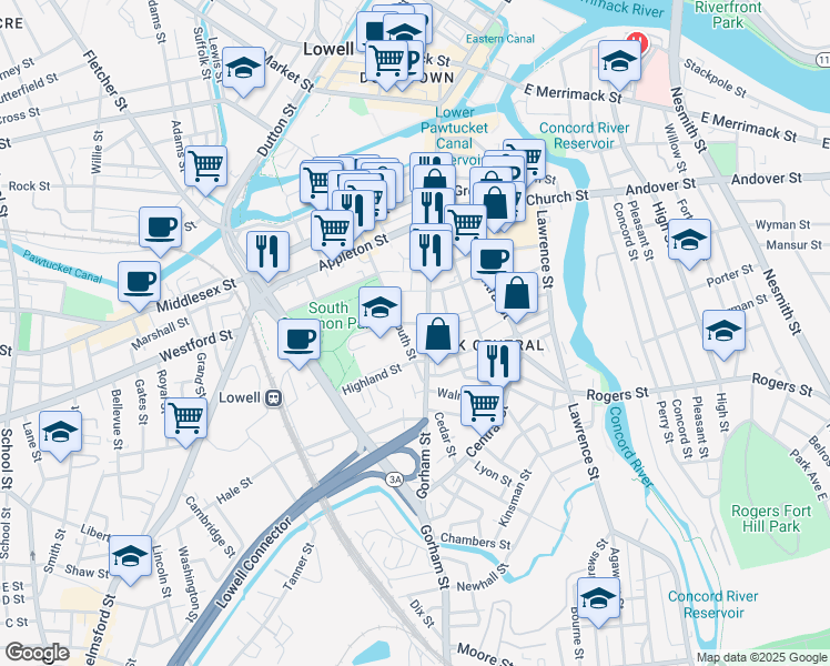map of restaurants, bars, coffee shops, grocery stores, and more near 171R South Street in Lowell