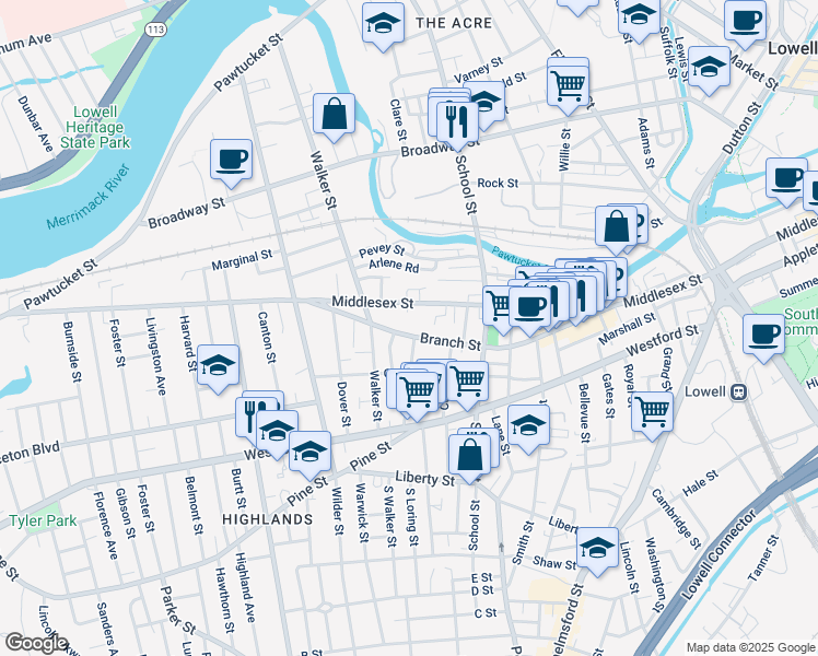 map of restaurants, bars, coffee shops, grocery stores, and more near 190 Branch Street in Lowell