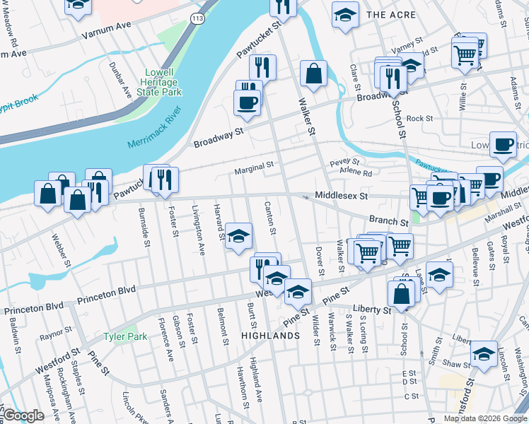 map of restaurants, bars, coffee shops, grocery stores, and more near 35 South Canton Street in Lowell