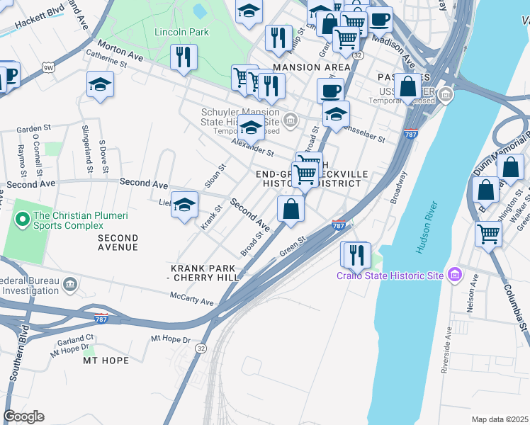 map of restaurants, bars, coffee shops, grocery stores, and more near in Albany