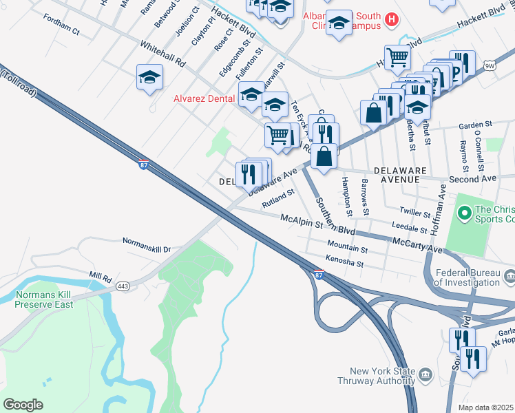 map of restaurants, bars, coffee shops, grocery stores, and more near 37 McAlpin Street in Albany