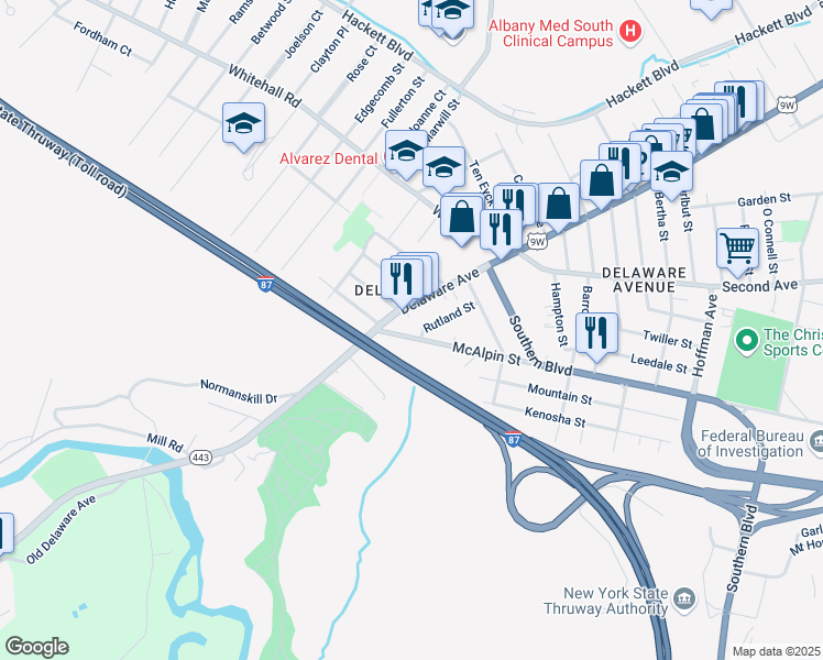map of restaurants, bars, coffee shops, grocery stores, and more near 37 McAlpin Street in Albany