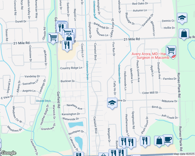 map of restaurants, bars, coffee shops, grocery stores, and more near 46230 Tory Drive in Macomb