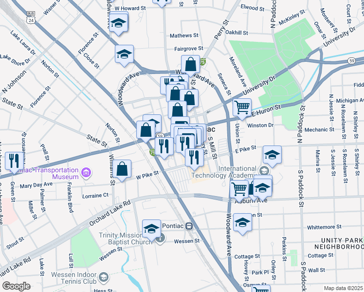 map of restaurants, bars, coffee shops, grocery stores, and more near 26 Wayne Street in Pontiac