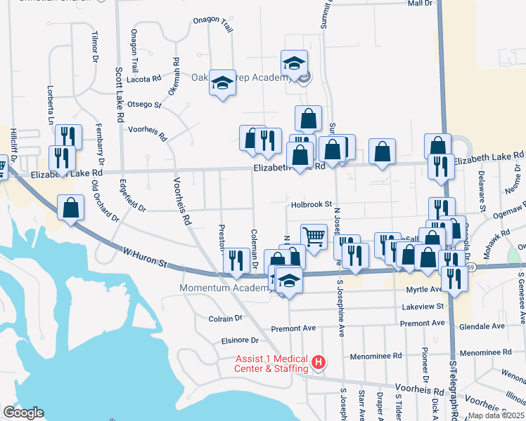 map of restaurants, bars, coffee shops, grocery stores, and more near 147 Coleman Drive in Waterford Township